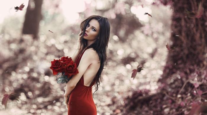 blue eyes, flowers, leaves, red lipstick, brunette, red dress, girl, rose, Alessandro Di Cicco, girl outdoors, model