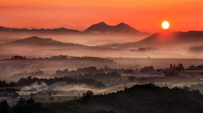 mist, mountain, sunrise, landscape, nature, morning, sky, valley, pink, town, South Korea