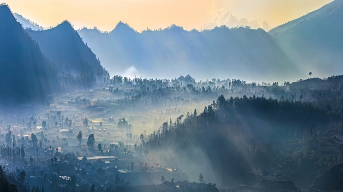 village, mist, sunrise, trees, mountain, forest, nature, landscape, Indonesia, valley, sun rays