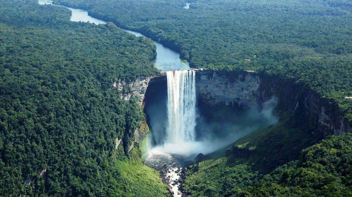 clouds, waterfall, nature, mountain