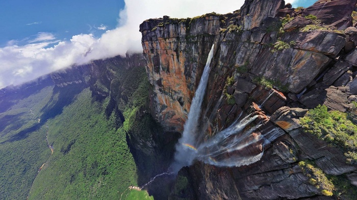 nature, waterfall, mountain, clouds