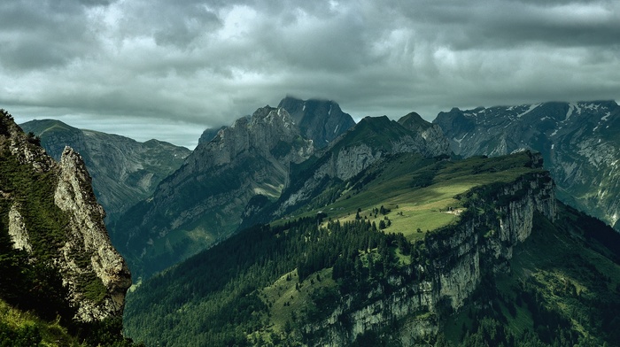 waterfall, nature, clouds, mountain