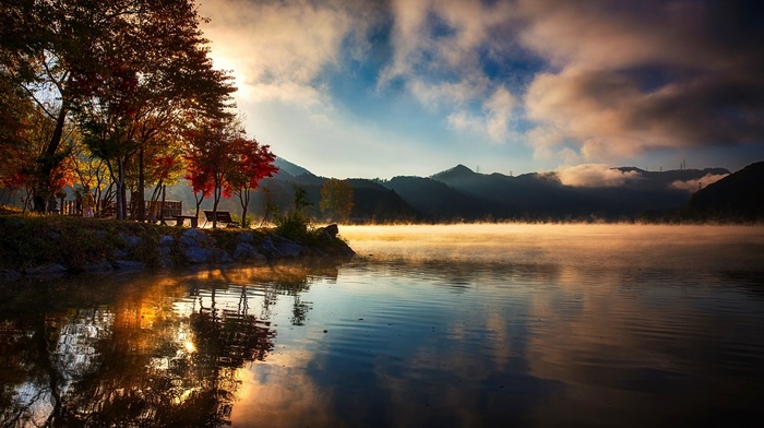 fall, sunrise, water, lake, trees, clouds, reflection, mountain, landscape, mist, nature