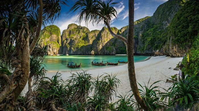white, sea, tropical, trees, limestone, morning, boat, nature, beach, sand, water, turquoise, shrubs, rock, landscape, Thailand
