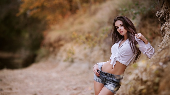 shirt, girl outdoors, girl, jean shorts