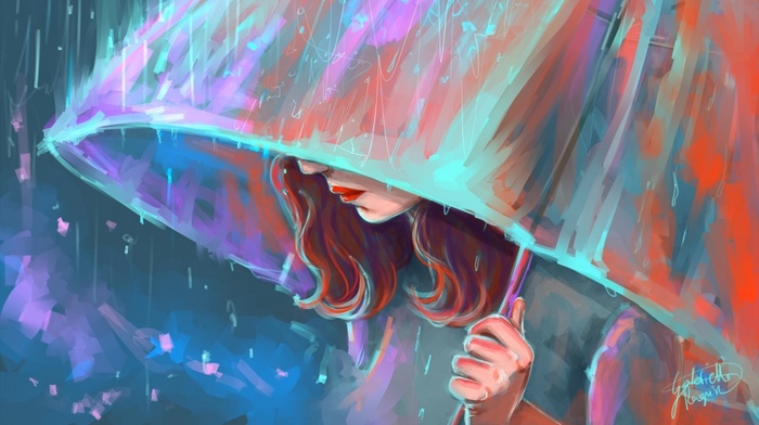 colorful, digital art, face, girl, painting, rain, long hair, red lipstick, artwork, umbrella