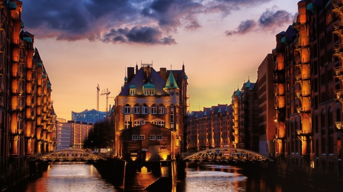 lights, sunset, architecture, cityscape, bridge, city, clouds, old building, Hamburg, ports, cranes machine, sky, river, evening, building, Germany, dock