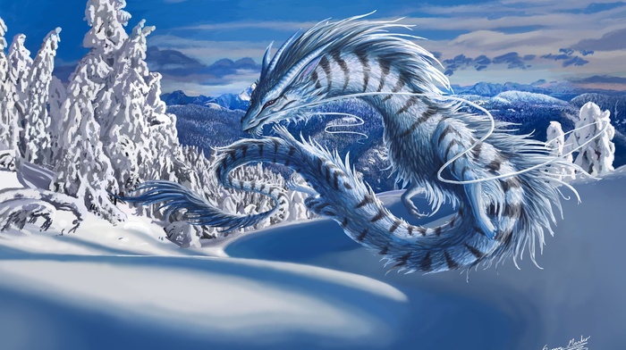 mountain, forest, dragon, snow, winter, clouds, digital art, trees, fantasy art, nature, hill