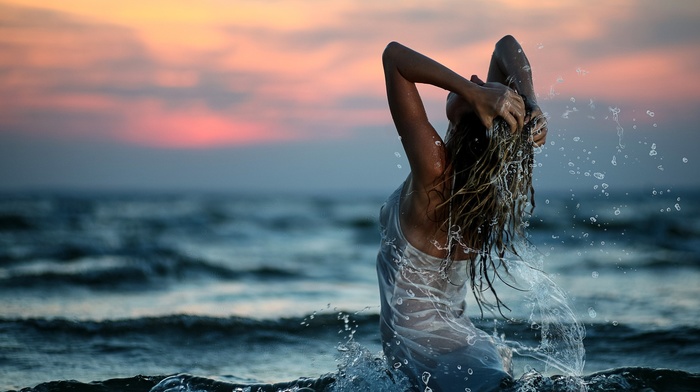 model, see, through clothing, sunset, hands in hair, blonde, wet body, sea, girl, white clothing