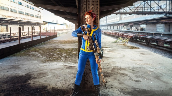 Fallout, cosplay, railway station, girl, sniper rifle, girl with guns, Fallout 4, rifles, railway, red lipstick, redhead, video games