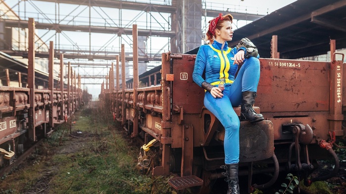 girl, red lipstick, train, Fallout 4, video games, railway, rifles, redhead, cosplay, Fallout