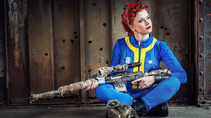 red lipstick, rifles, redhead, cosplay, video games, sniper rifle, Fallout 4, Fallout, blue eyes, girl, girl with guns