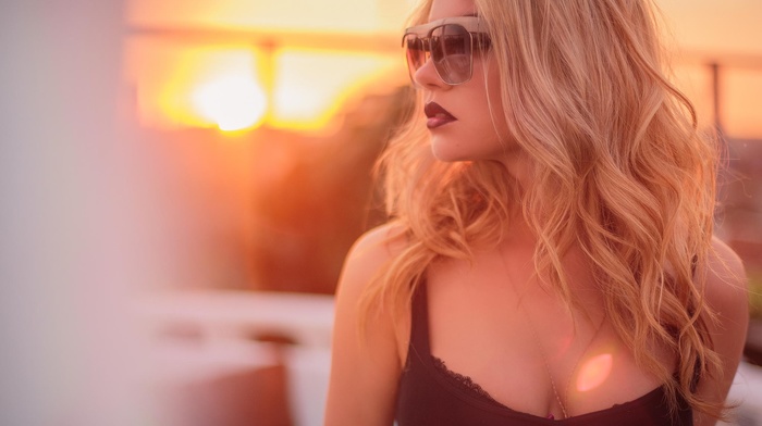 sunglasses, sunset, girl, blonde, model, black bras, wavy hair, black tops, cleavage, red lipstick