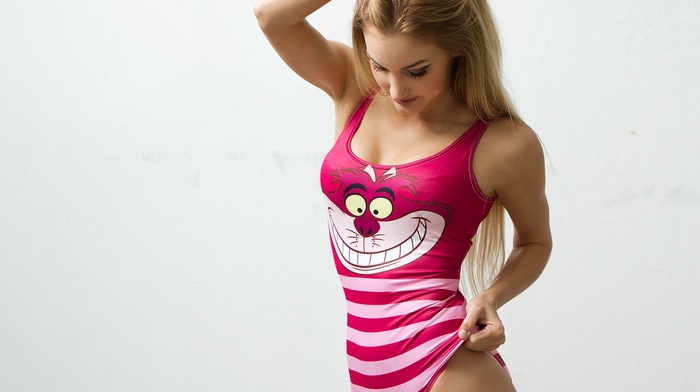 white background, Julia Bssler, blonde, Cheshire Cat, girl, One, piece swimsuit