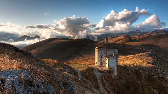 building, clouds, hill, nature, mist, path, sunlight, rock, landscape, chapel, Italy
