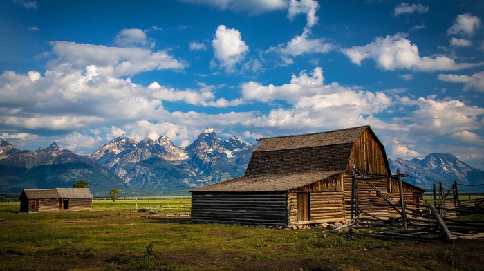 house, fence, snowy peak, USA, Grand Teton National Park, grass, wyoming, trees, wood, building, nature, clouds, landscape, field, mountain