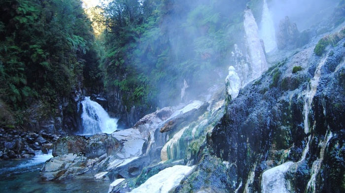 mist, landscape, rock, shrubs, Chile, glaciers, nature, river, waterfall, cold, forest