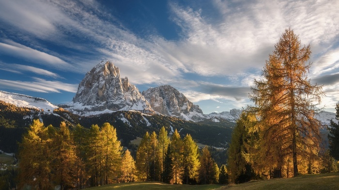 snowy peak, sky, fall, sunset, landscape, Italy, nature, mountain, Alps, trees, clouds, grass, forest