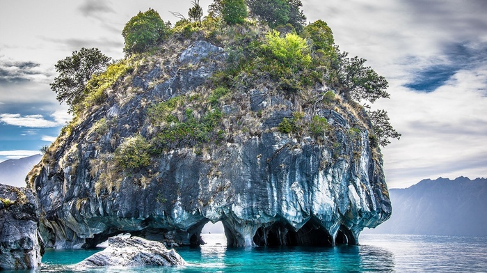 island, rock, water, turquoise, cave, erosion, lake, Patagonia, trees, shrubs, cathedral, landscape, Chile, nature