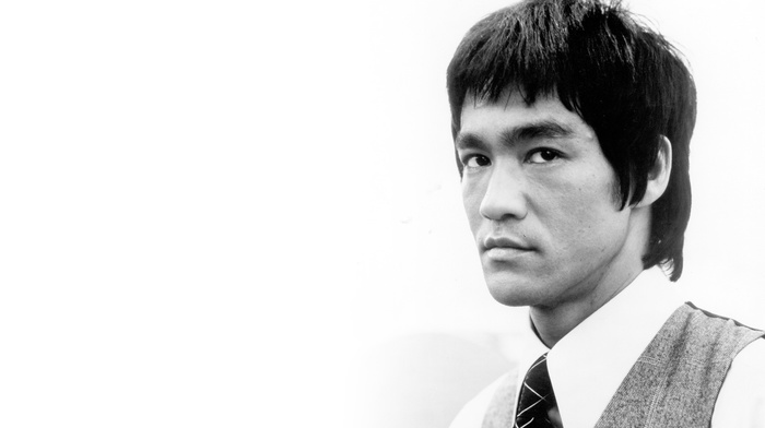 white background, men, portrait, legend, shirt, monochrome, bruce lee, simple background, face, tie, fighting, actor, looking away, martial arts