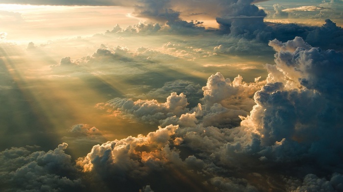 clouds, aerial view, sun rays, sky, nature