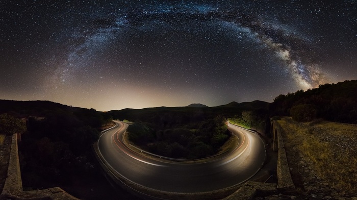 galaxy, road, walls, nature, trees, hill, starry night, landscape, Milky Way, long exposure, lights, dry grass