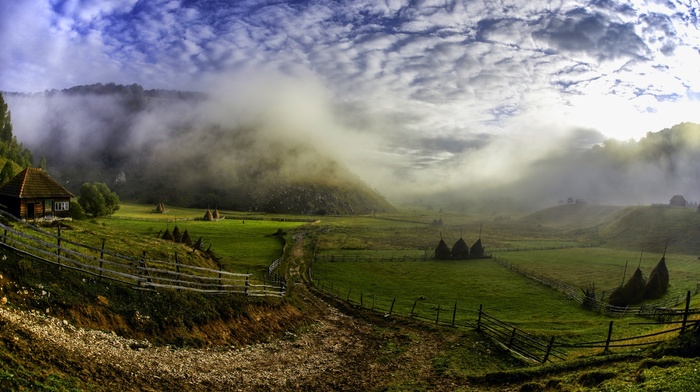 trees, morning, daylight, grass, mist, dirt road, hill, Romania, house, hut, nature, clouds, fence, field, sunrise, landscape