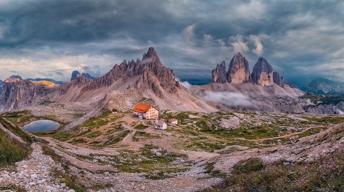Alps, wildflowers, mountain, hotels, lake, summer, Italy, landscape, cabin, nature, clouds, panoramas