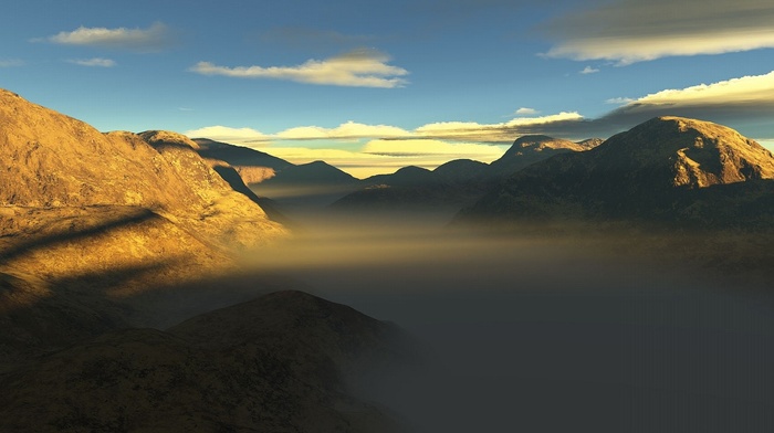 mountain, overview, mist, sunset