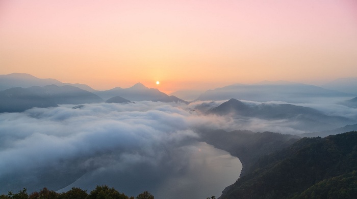 landscape, forest, mist, lake, South Korea, sunrise, clouds, nature, mountain
