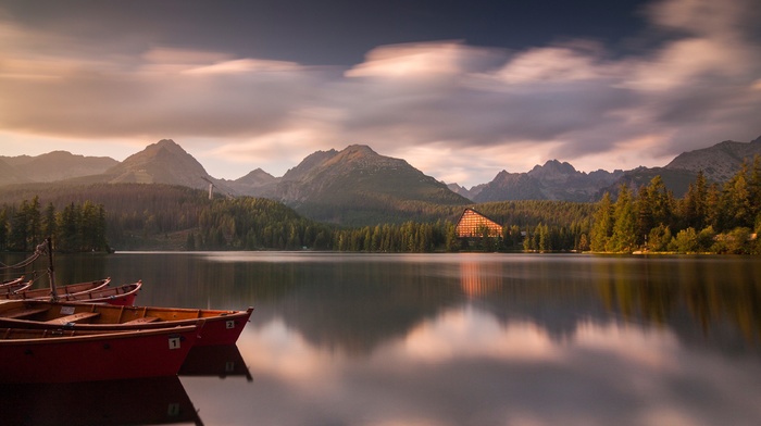 boat, mountain, lake, calm, clouds, landscape, sunset, forest, Slovakia, nature, hotels