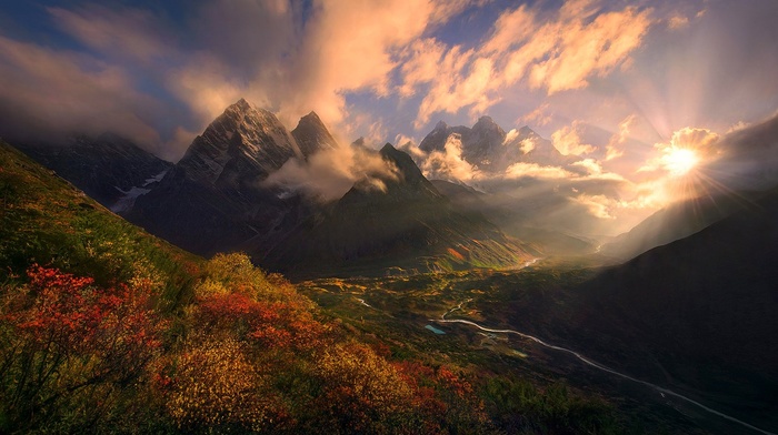 sunset, landscape, clouds, valley, Himalayas, shrubs, fall, sun rays, Tibet, mountain, nature, snowy peak