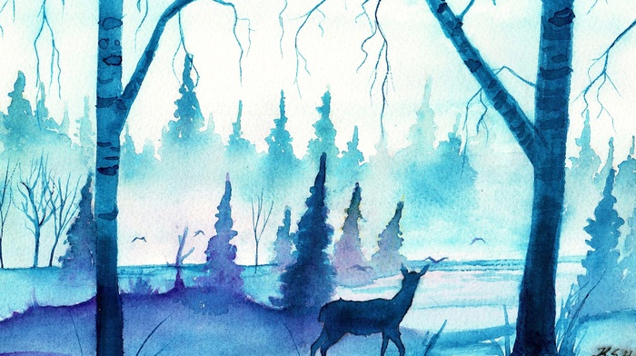 mist, deer, watercolor, forest, blue