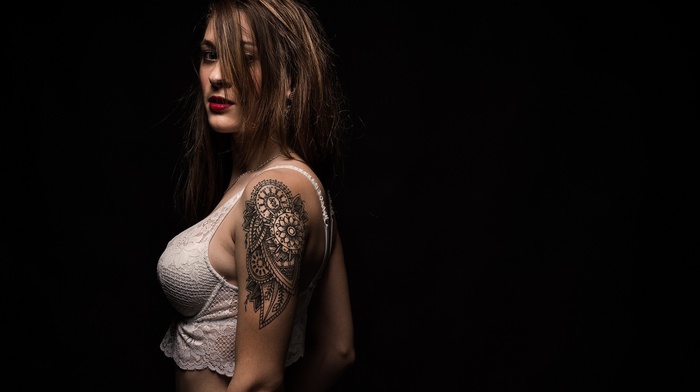 portrait, black background, girl, tattoo