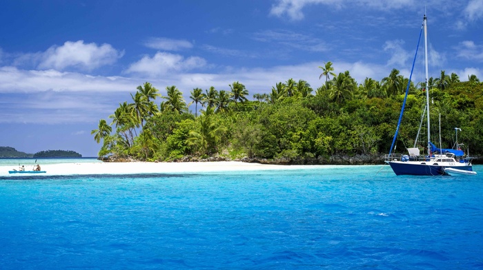 sea, nature, boat, palm trees, tropical island