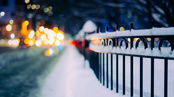 fence, urban, bokeh, snow, street