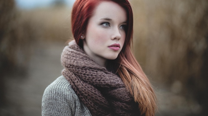 redhead, girl, girl outdoors, scarf, fashion, model, face