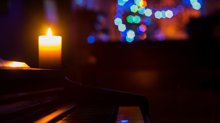 night, macro, piano, candles, colorful