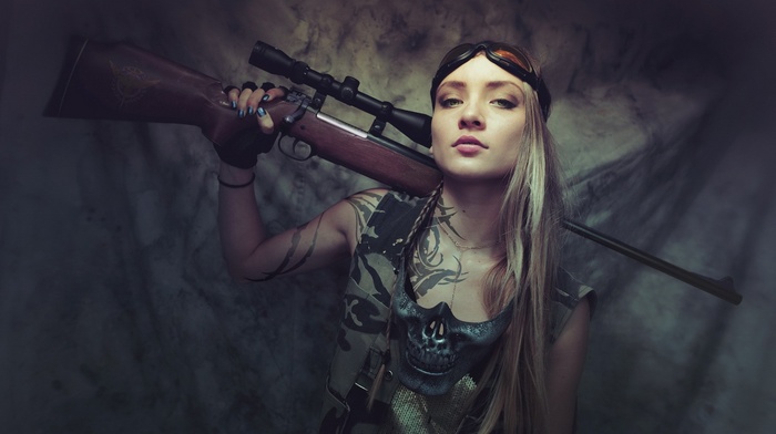 girl, army gear, rifles, blonde
