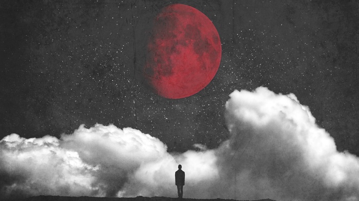 minimalism, fantasy art, silhouette, Red moon, moon, clouds