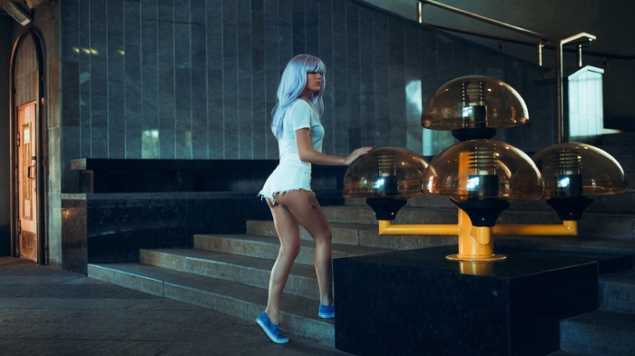 long hair, ass, blue hair, Ivan Gorokhov, dyed hair, jean shorts, stairs, T, shirt, shorts, red nails, legs, bangs, girl, building