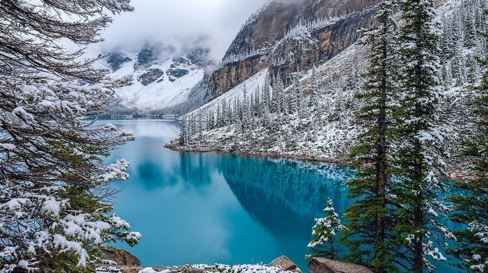 Canada, mountain, water, turquoise, snow, nature, moraine lake, landscape, winter, clouds, forest, trees