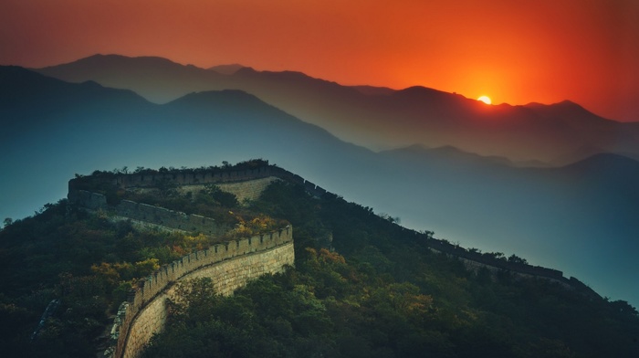 sky, shrubs, mountain, nature, sunset, architecture, Great Wall of China, mist, landscape, red
