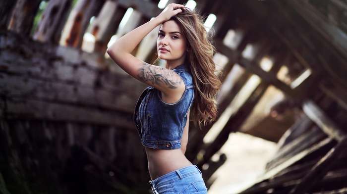 hands in hair, denim, tattoo, portrait, girl, jeans