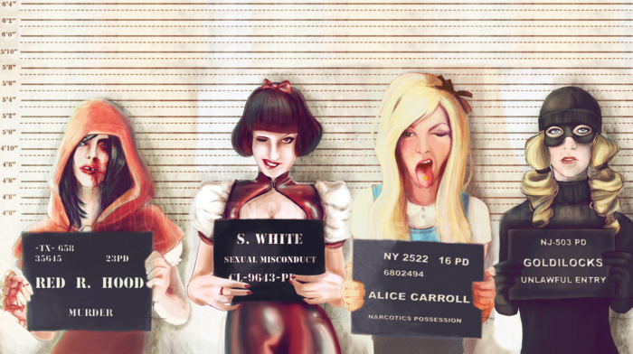 Alice in Wonderland, Snow White, Criminal, artwork, red hood, fantasy art