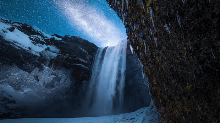 lake, landscape, waterfall