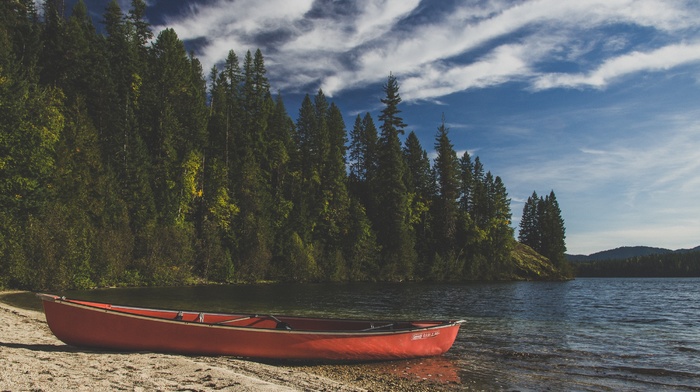 clouds, boat, trees, landscape, lake