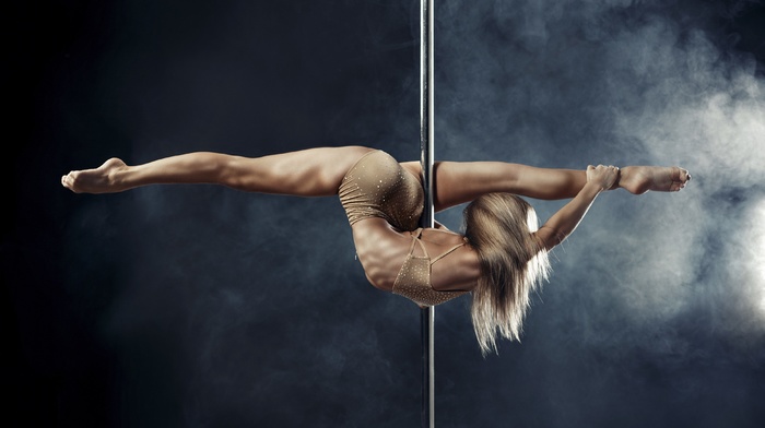 fitness model, splits, blonde, girl, pole dancing