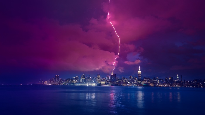 sea, skyline, lightning, night, New York City