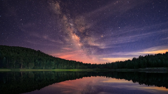 Milky Way, trees, reflection, landscape, lake